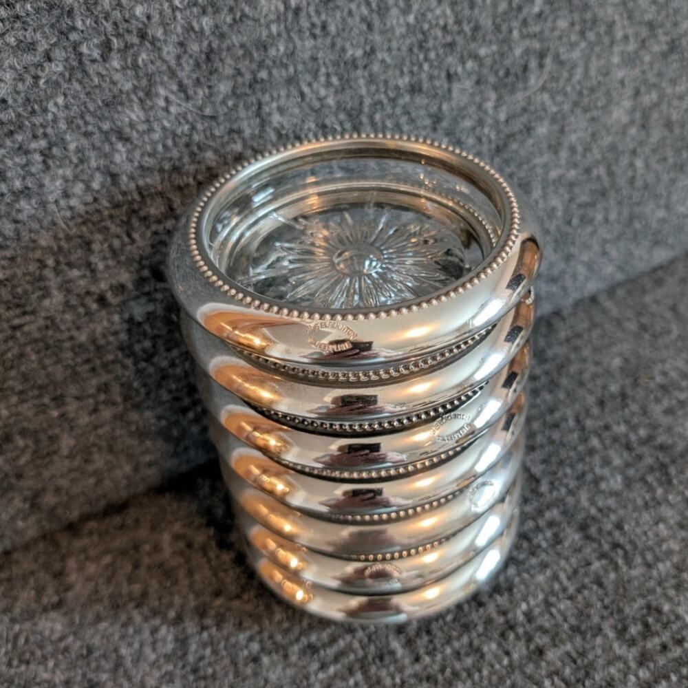 Vintage Regency Style Crystal Silverplate Coasters Set of 7 By WeS Blankinton - Picture 4 of 10